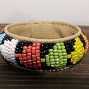 Beaded African pattern leather cuff bracelet